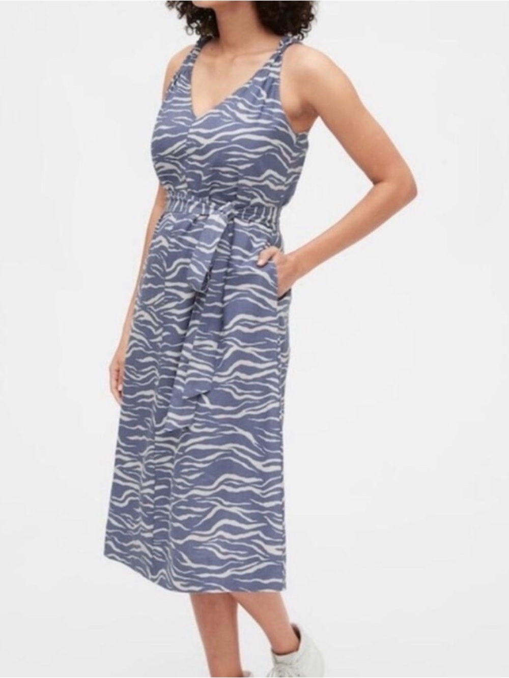 GAP Blue Zebra-Print Sleeveless Dress with Waist Tie and Knotted Shoulder Detail